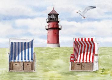 Postkarte DIN-A5 Aquarell Maritim Kunst Druck Kunstdruck Nordsee Büsum Leuchtturm Strandkorb Strand Meer